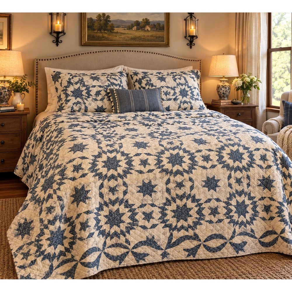 Navy Blue & White Star Patchwork Quilt Set Reversible Farmhouse Bedding 3pc